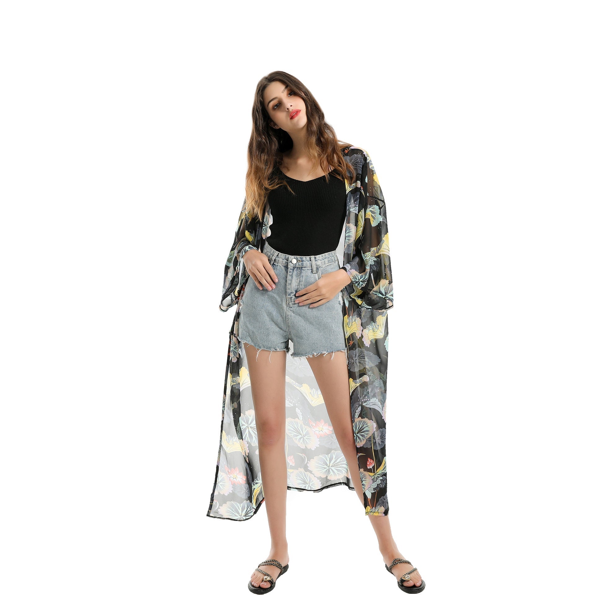 Spring, Summer, Autumn Classical Elegant Floral Lotus Leaf Travel Sun Protective Blouse Swimwear Cover up Bella Mia